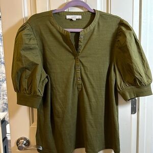 Loft Army Green Mixed Material Puff Sleeve Blouse